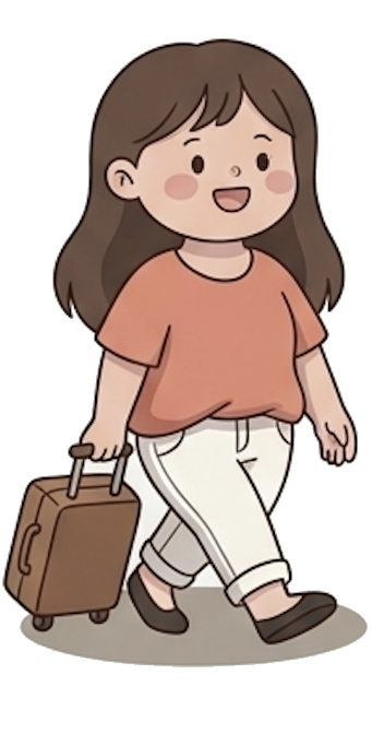doodle illustration of Aashna pulling a suitcase across markets