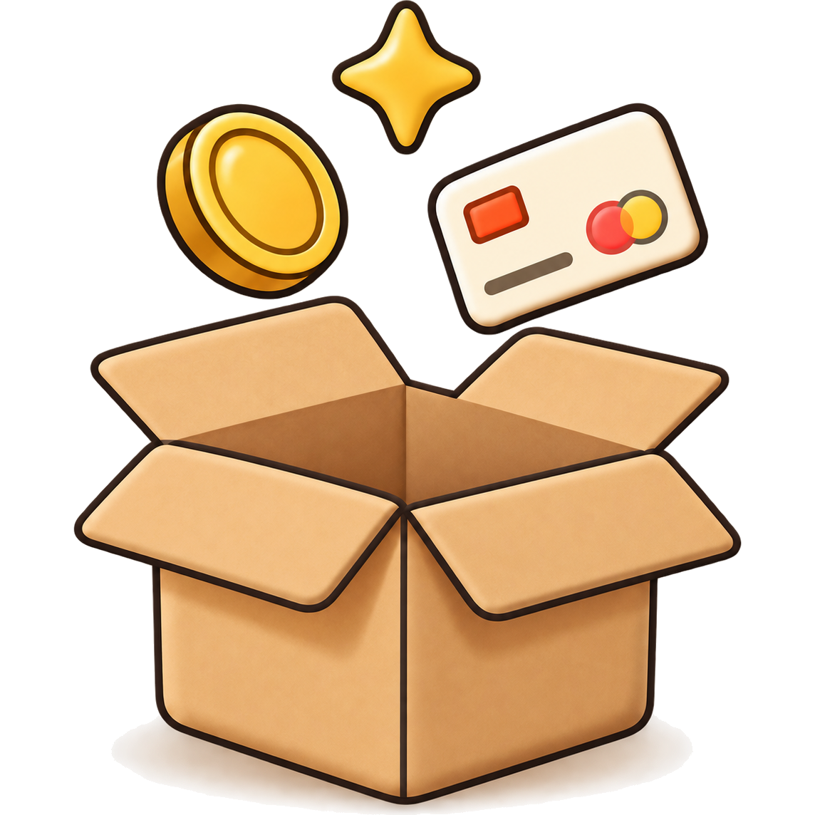 Open Unpacked box with a coin and card