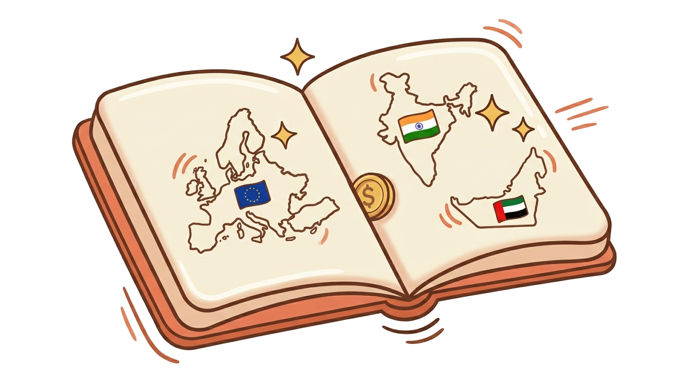 An open passport with three market stamps: India, Europe, UAE